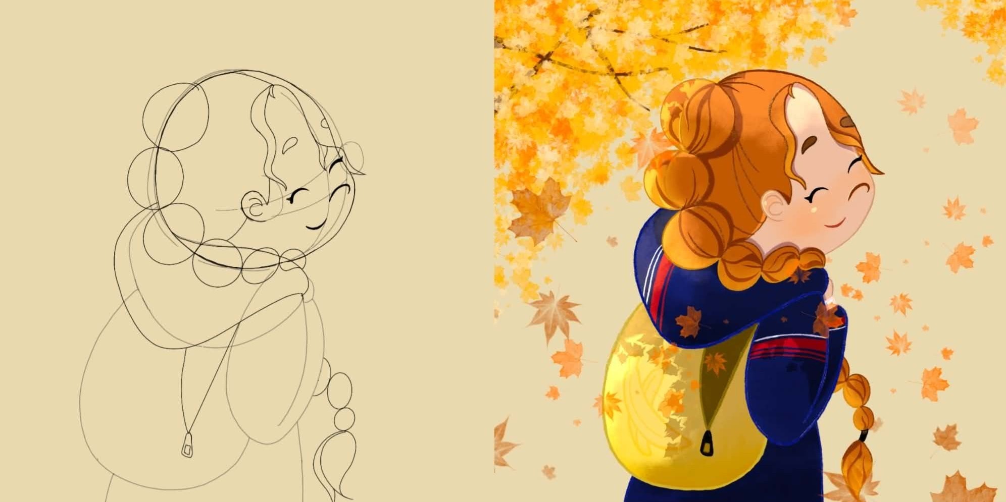 Autumn ginkgo — pencil sketch beside the finished painting