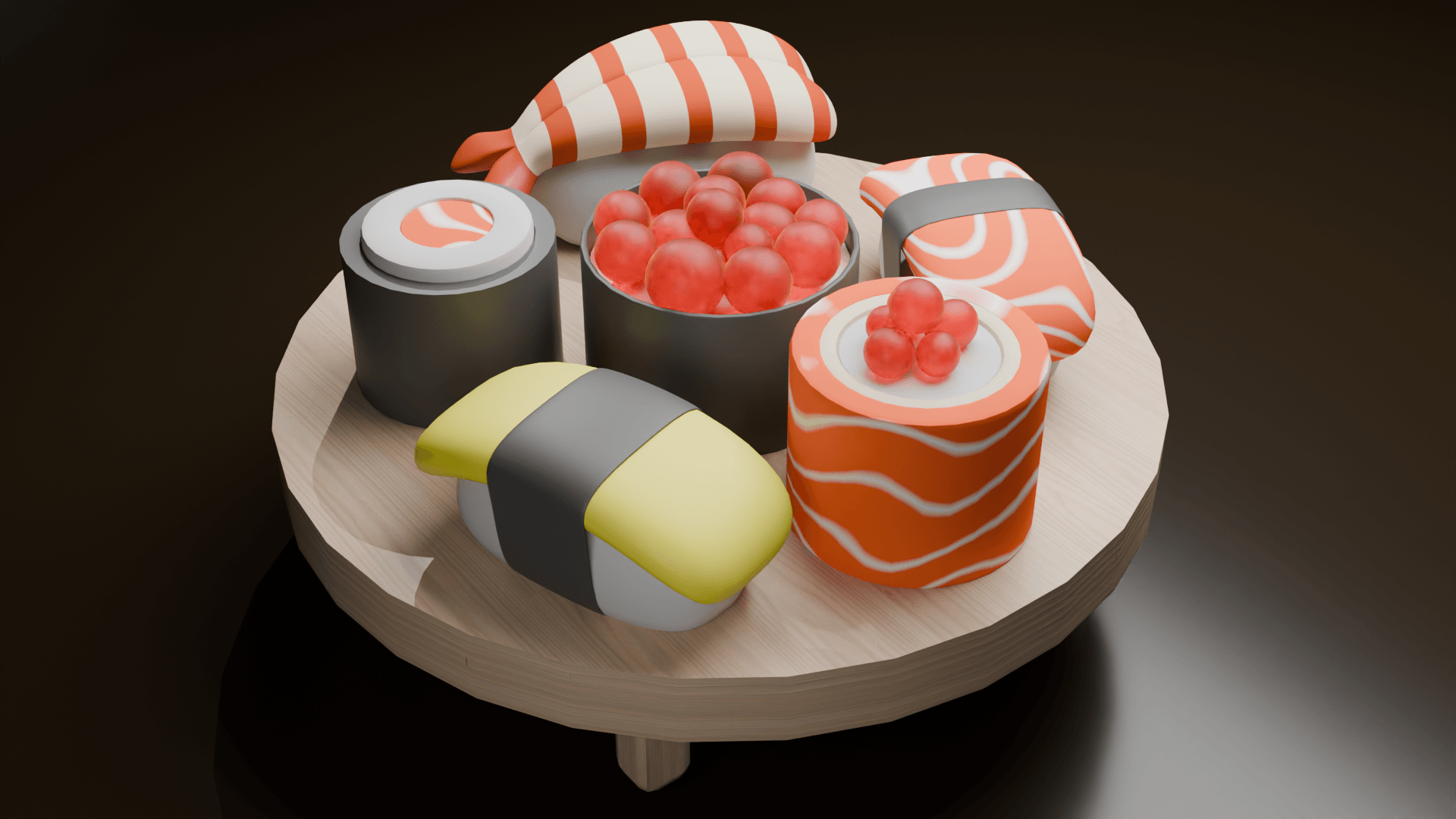 Sushi platter rendered in Blender